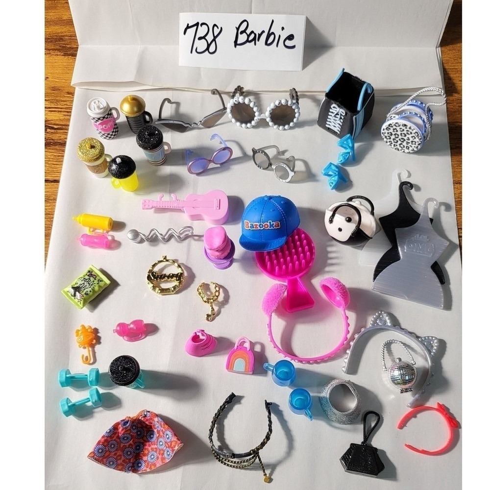 43 Barbie Accessories Lot: Purse Headband Necklace Toy Food Drink Shoes